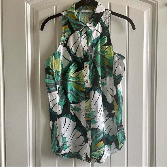 2/$22 New York & Company Green Floral Short Sleeve Button Up Top; SZ S; BNWT - Picture 1 of 7